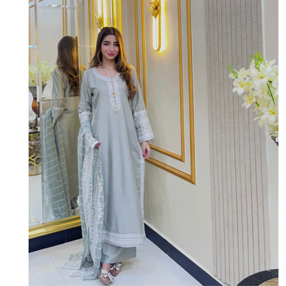 UA-47 Embroidered Linen with Chiffon Duppata Pc Dress | Ready to wear | UMNAA