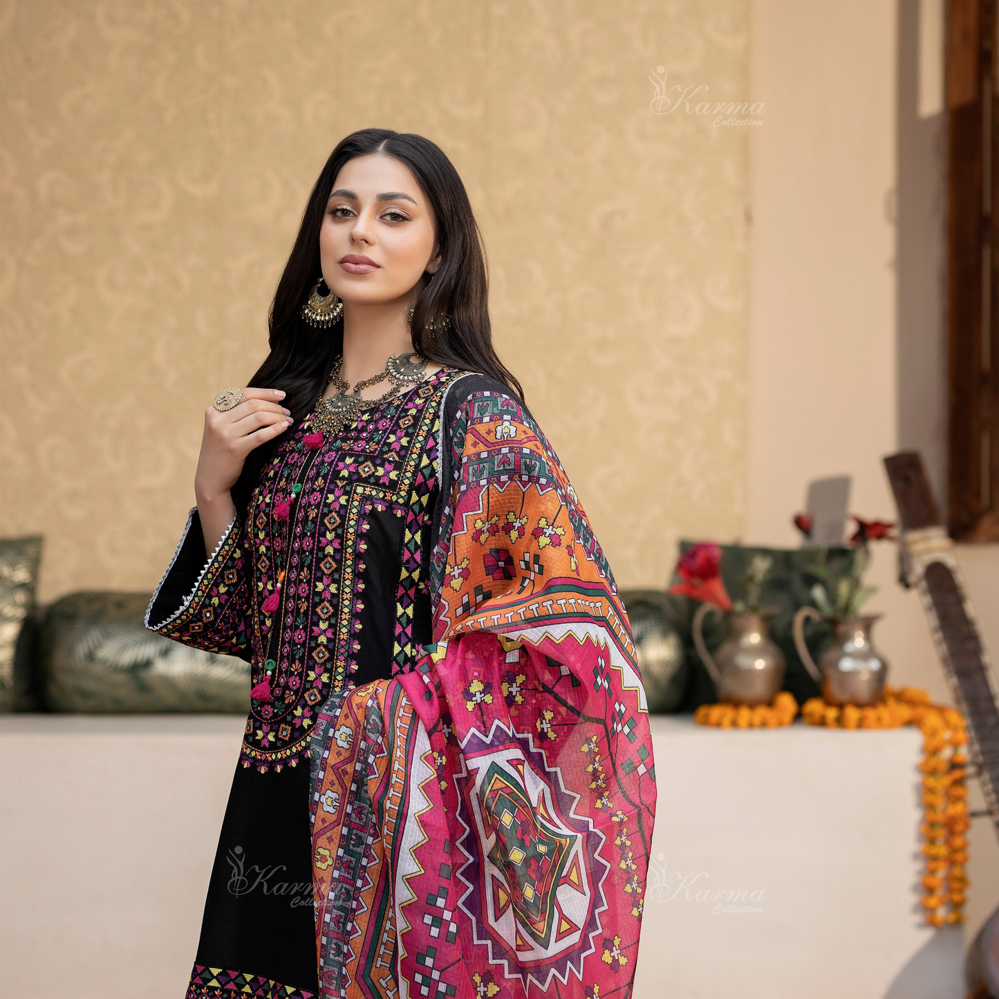KC-1433 Embroidered Cambric Cotton Farshi Shalwar Kameez Ready to Wear 3 Pc - Karma Collection