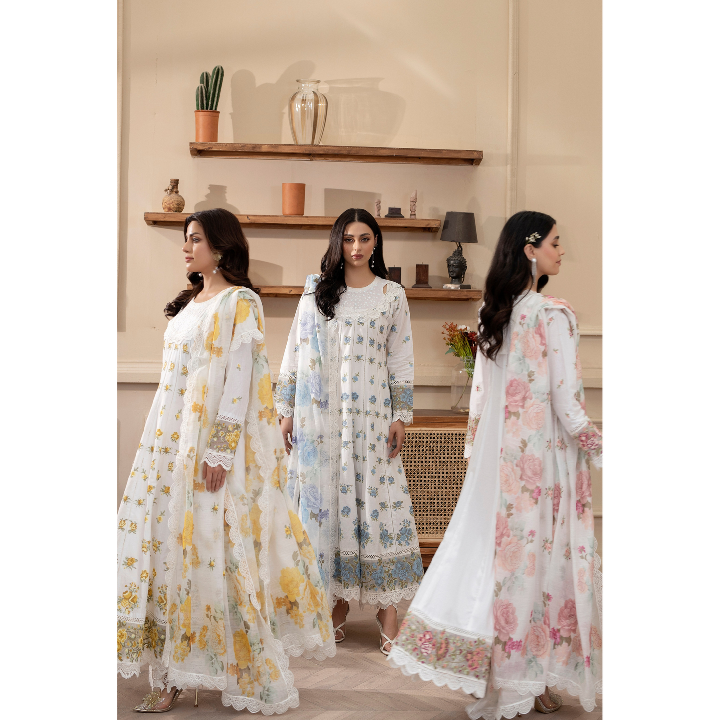 KC-1436 Embroidered Cambric Cotton long Frock Dress Ready to Wear 3 Pc - Karma Collection