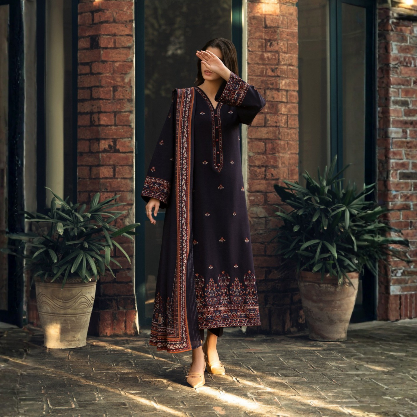 UCA-33 "Shadows" Embroidered Khaddar with Wool Shawl Winter Collection by Casuallite