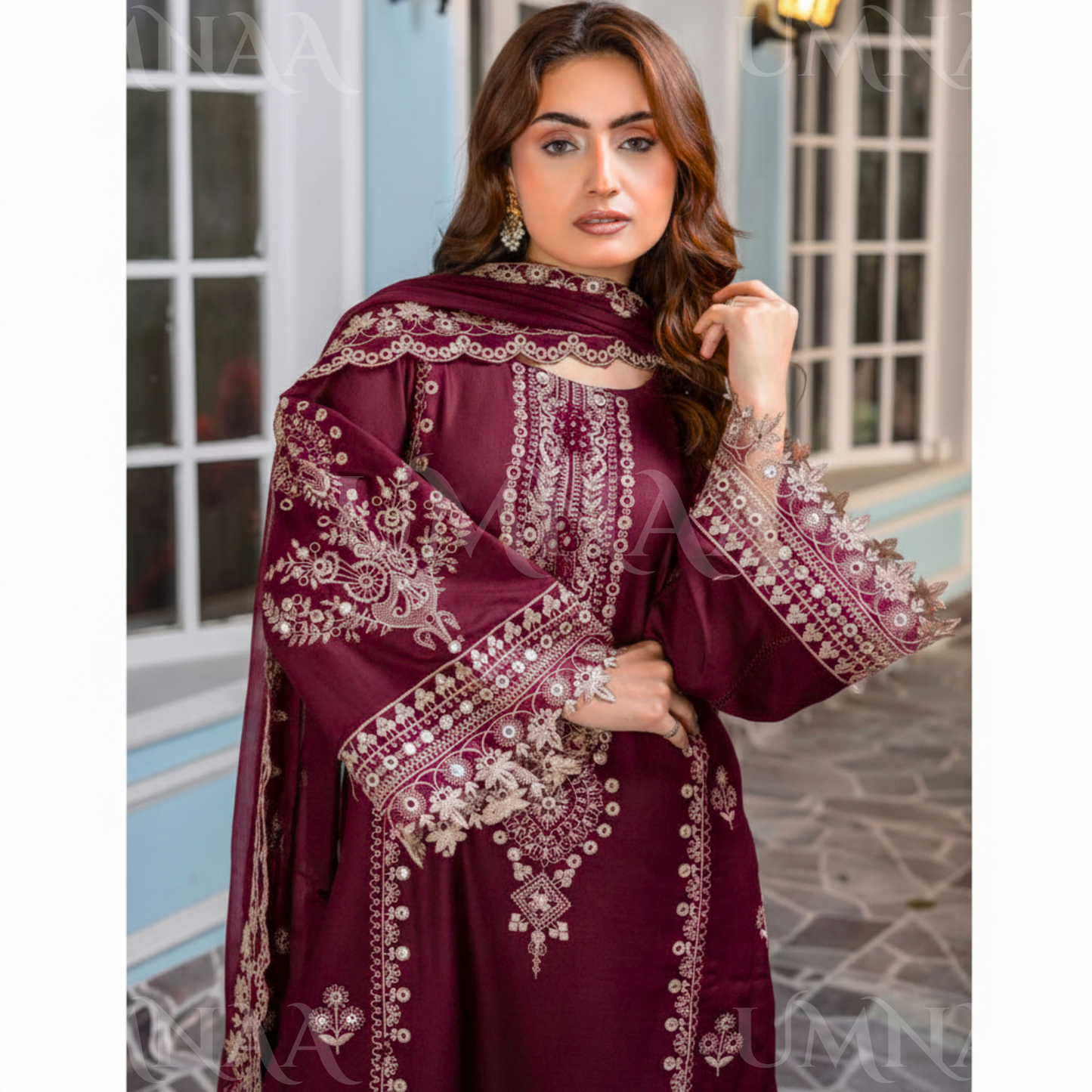 UA-159 Embroidered Dhanak Collection by Umnaa