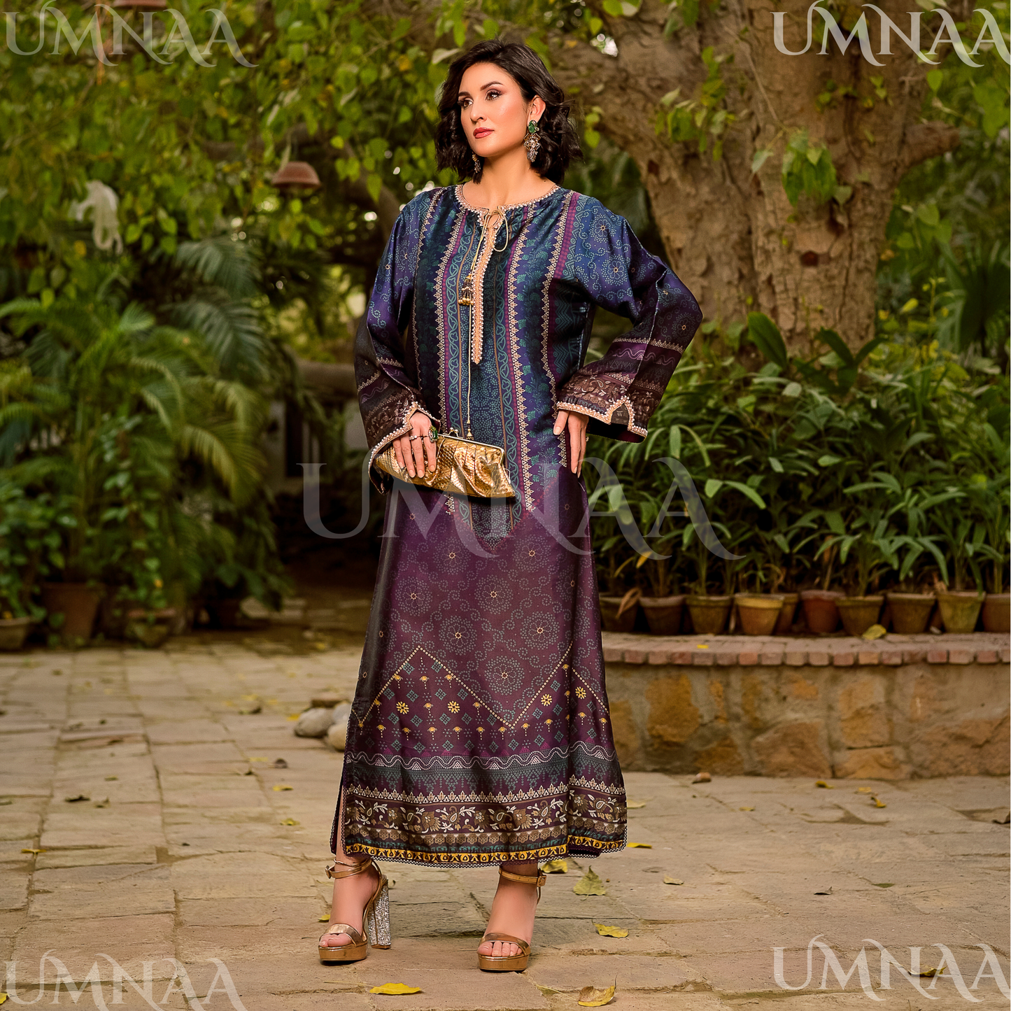 UA-160 Printed Silk kaftan Style long Maxi 1 PC  | Ready to wear | Umnaa
