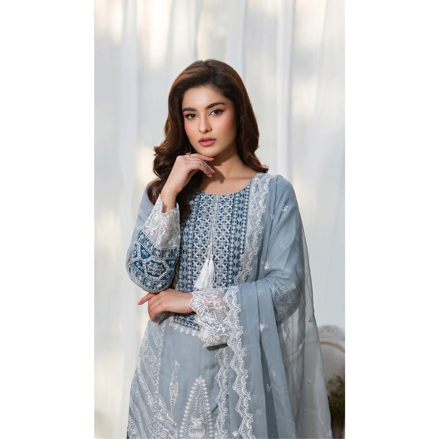 UB-02 3 Pc Embroidered Linen Dress With Embroidered Chiffon Dupatta  By UB