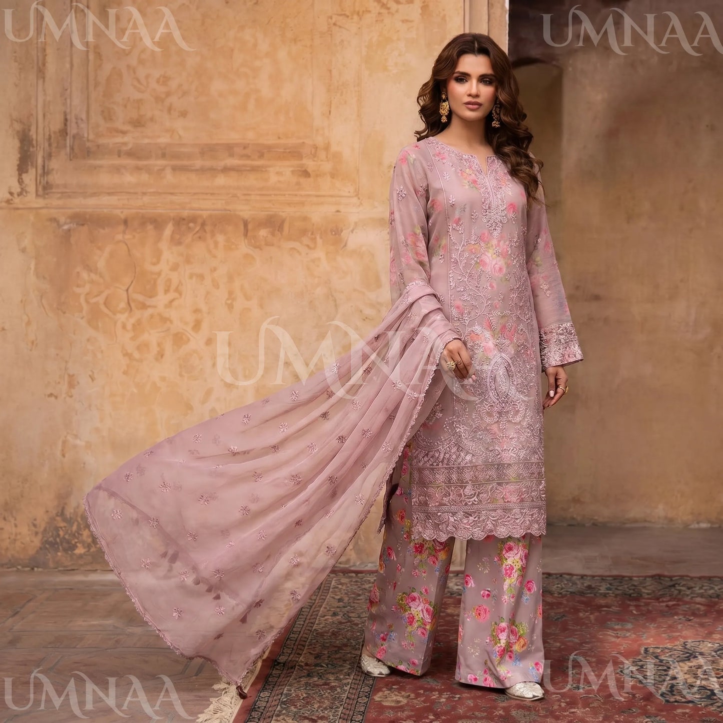 UA-205 Embroidered Chiffon 3-Piece with Printed Lining & Trouser
