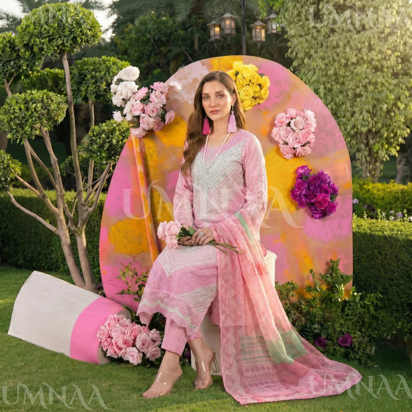 UA-208 Embroidered Chikenkari Cambric Cotton Pastel Festive Collection by Umnaa - Ready to Wear Pakistani Asian clothes