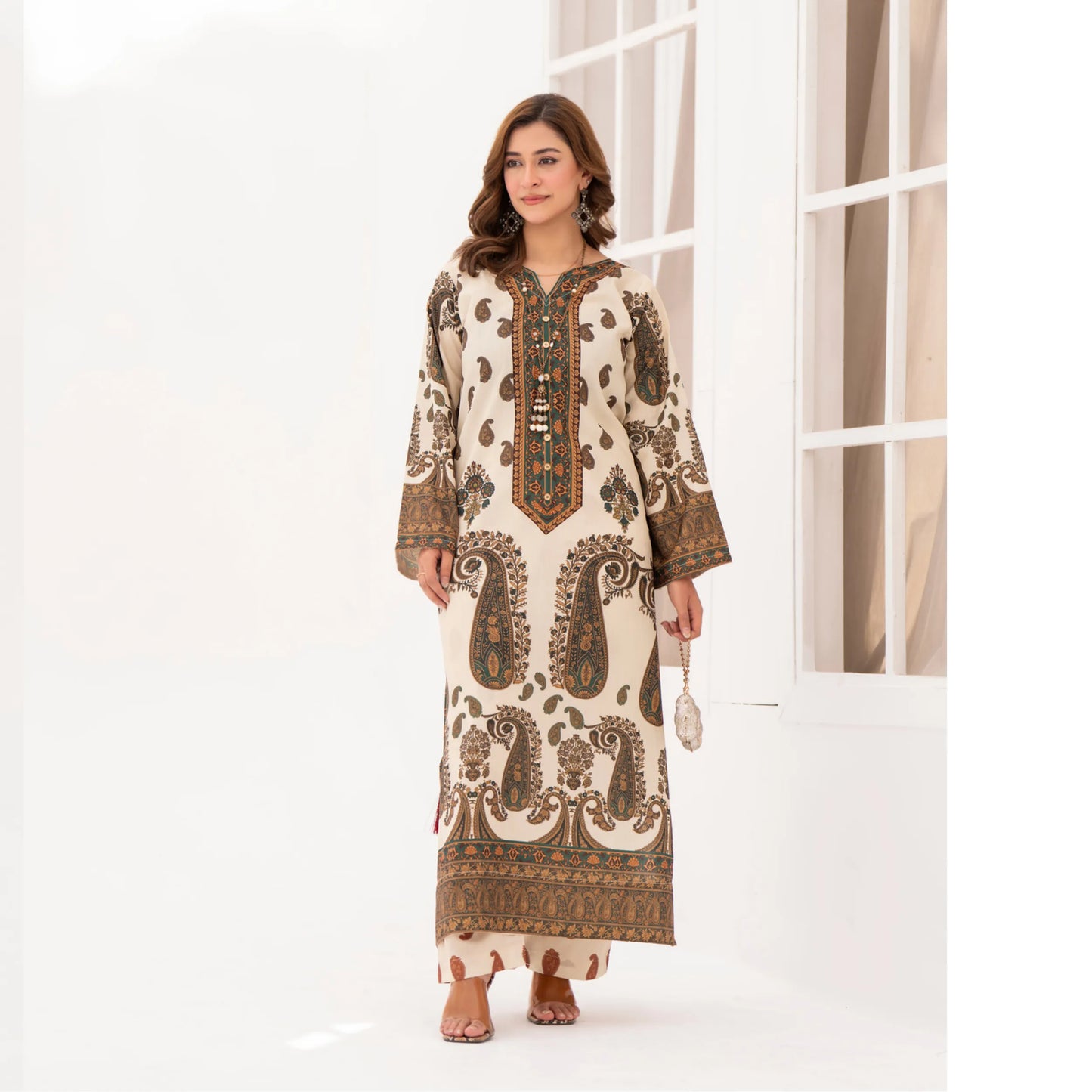 UA-215 " Printed Poly Silk Lawn Kaftan Style Co Ord Set Collection by Umnaa | Ready to Wear Pakistani Asian clothes