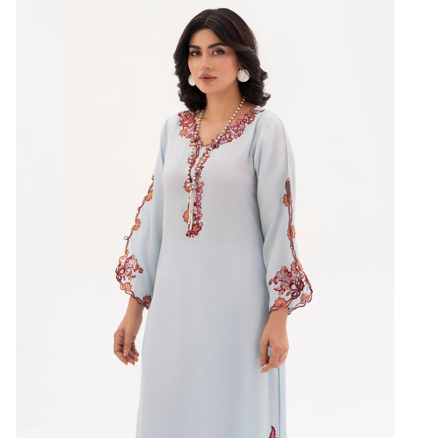 RA-32 MIDNIGHT BLOSSOM Embroidered Raw Silk Long Kaftan Style 2 Piece | Elegant Women's Festive & Formal Wear