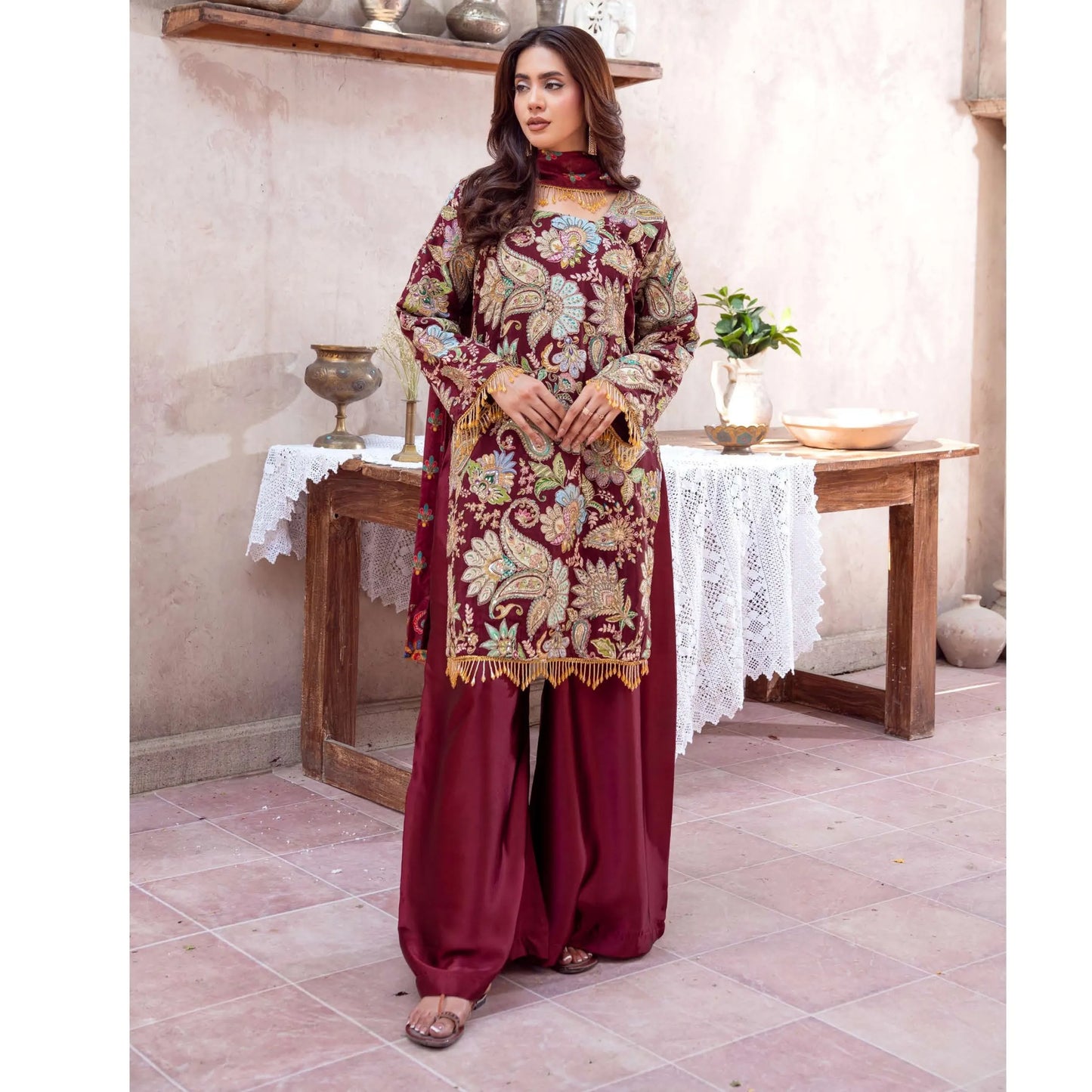UA-225 Trendy Indian Armani Silk 3 Piece Suit by Umnaa | Embroidered Kameez with Shamoos Silk Shararah & Apple Silk Dupatta | Festive & Party Wear
