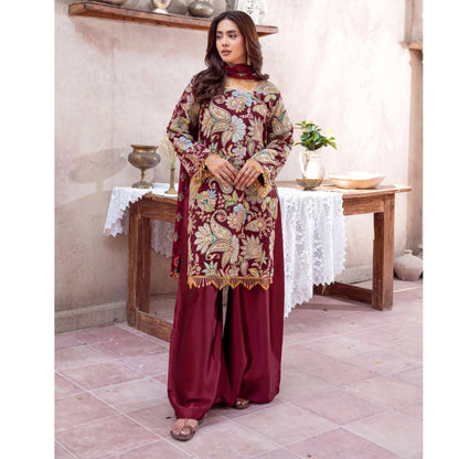 UA-225 Trendy Indian Armani Silk 3 Piece Suit by Umnaa | Embroidered Kameez with Shamoos Silk Shararah & Apple Silk Dupatta | Festive & Party Wear
