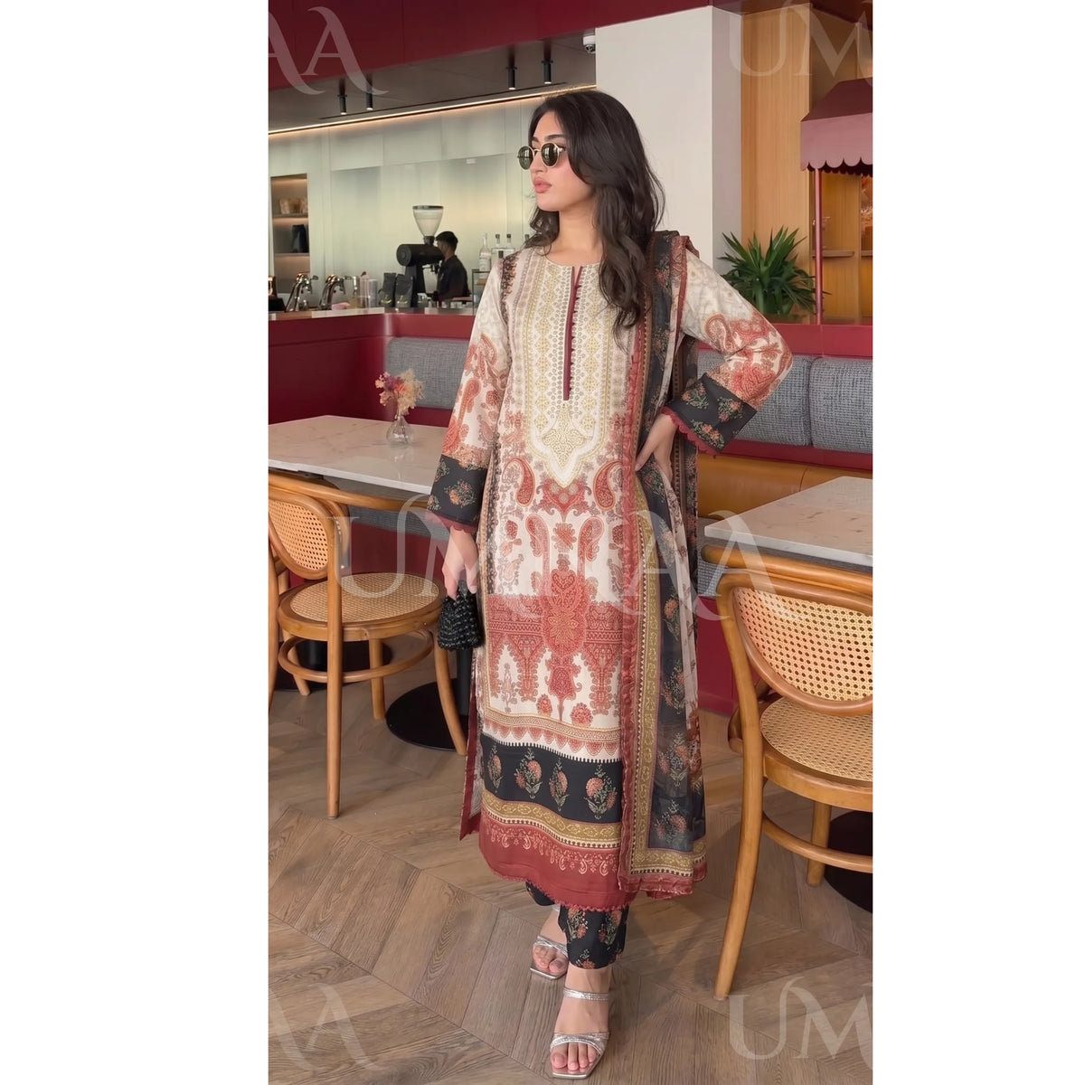 UA-229 Printed Lawn Long Kaftan Style 3  Piece Casual Summer Collection by Umnaa