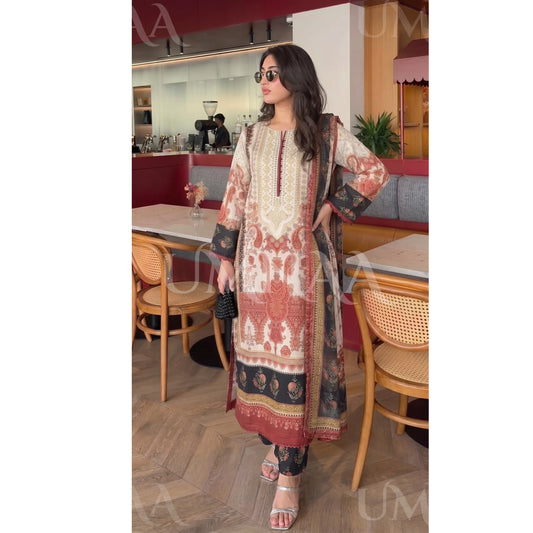 UA-229 Printed Lawn Long Kaftan Style 3  Piece Casual Summer Collection by Umnaa