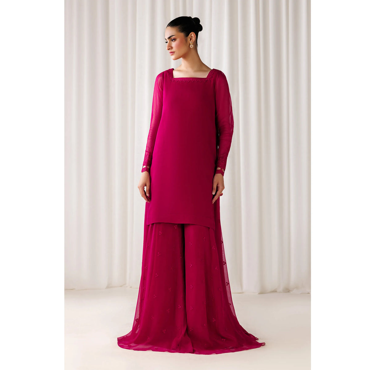 UA-230 Chiffon Sharara Full Sleeves Lined 3 Piece Suit | Chiffon Shirt with Embroidered Sharara & Dupatta | Formal Party Wear