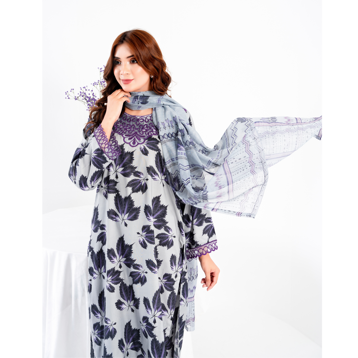 (Pale Grey) 3 Pc Printed Floral Embroidered Linen Dress Winter Wear | Raniya.h