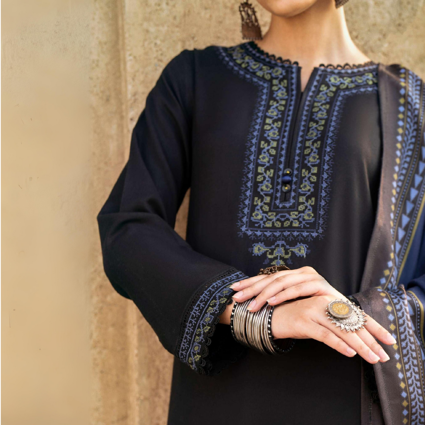 (Black) 3 Piece Embroidered Dhanak Ready to Wear Collection by Casuallite | UMCAE0605