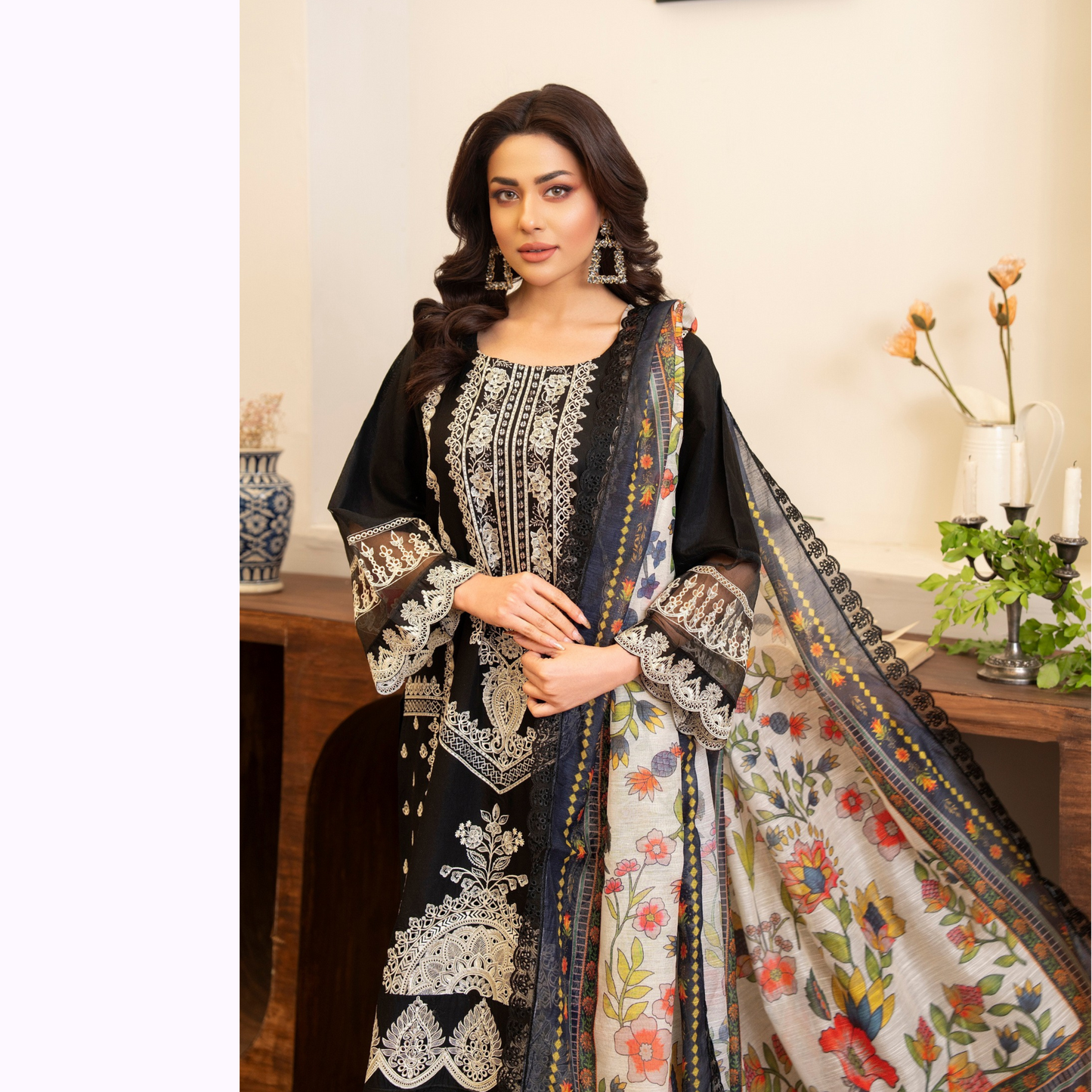 UKC-17 (Black) Embroidered Cambric Cotton Ready to Wear 3 Pc - Karma Collection