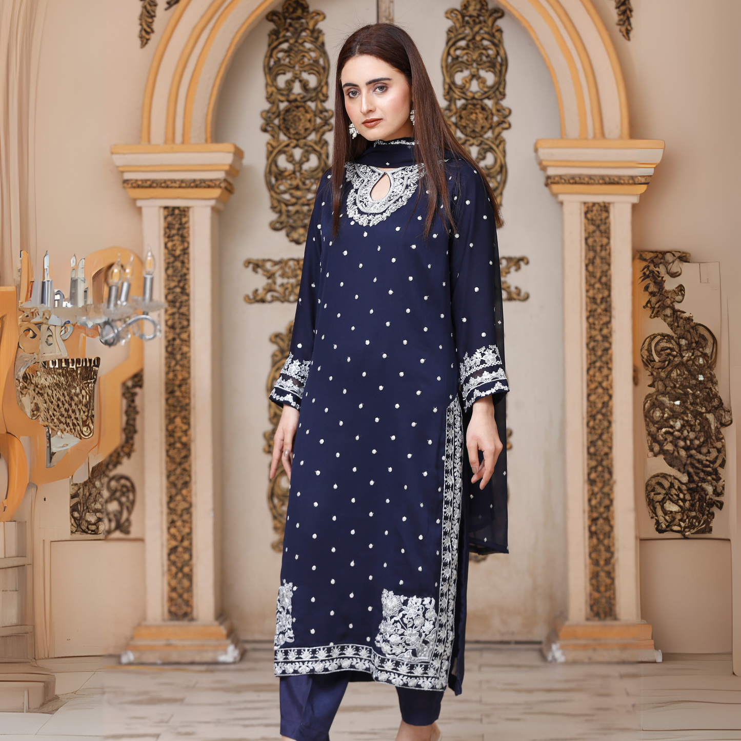 UA-54 3Pc Luxury Embroidered Chiffon Dress with Chiffon Dupatta 3 Pc |Ready to Wear| Umnaa