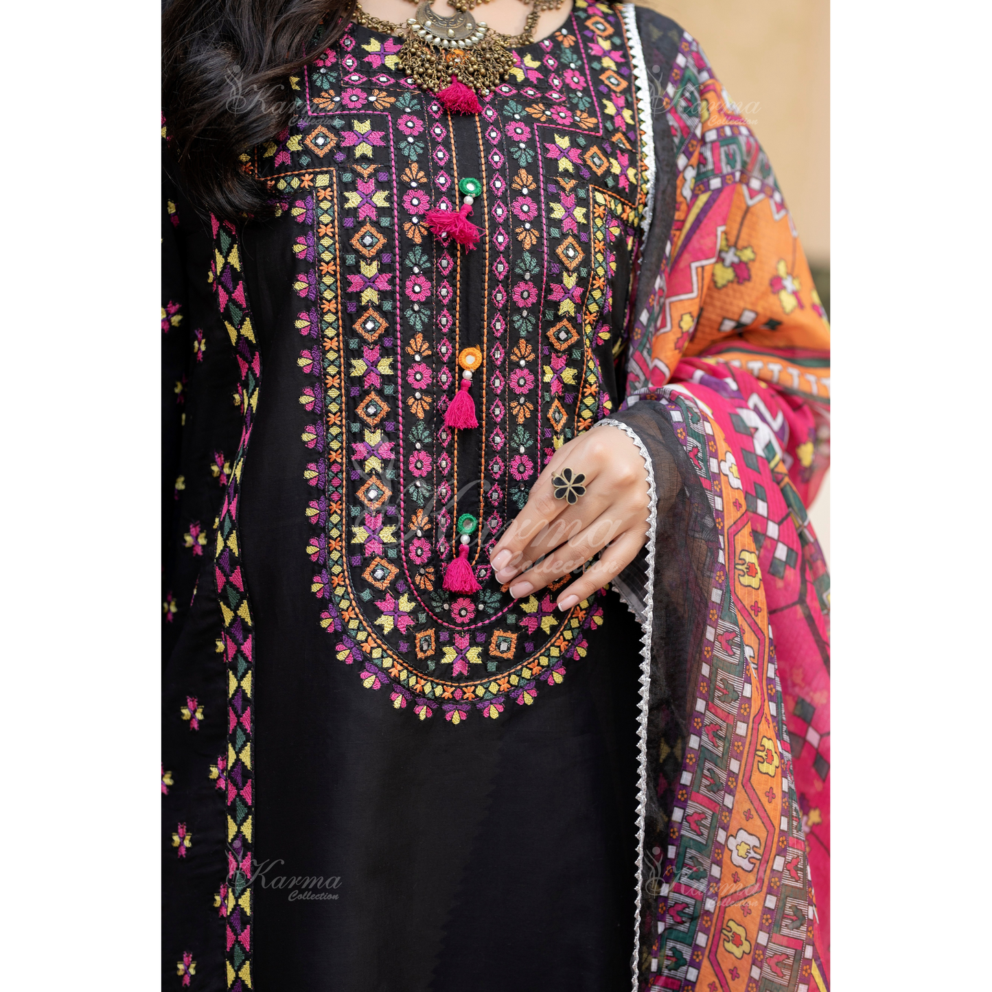 KC-1433 Embroidered Cambric Cotton Farshi Shalwar Kameez Ready to Wear 3 Pc - Karma Collection