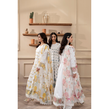 KC-1436 Embroidered Cambric Cotton long Frock Dress Ready to Wear 3 Pc - Karma Collection