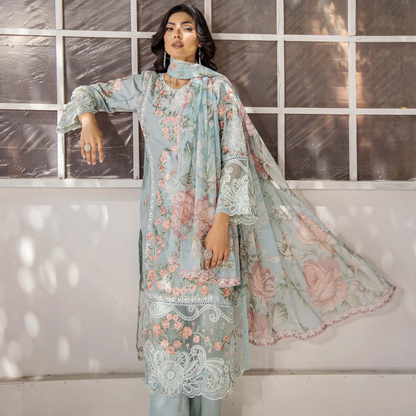 Floral Embroidered Viscose Linen 3 Pc Pakistani Dress | Ready to wear | Traditional Thread