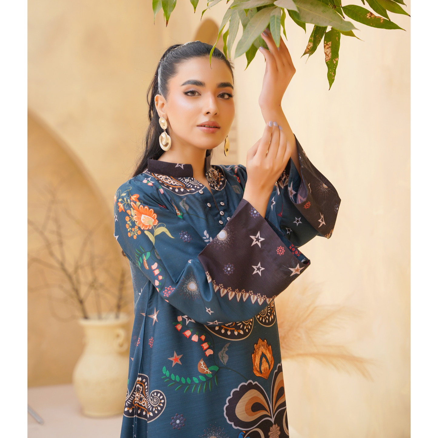 UA-157 Printed Slub Khaddar Kaftan Co-Ord Set | Winter 2 Piece Outfit