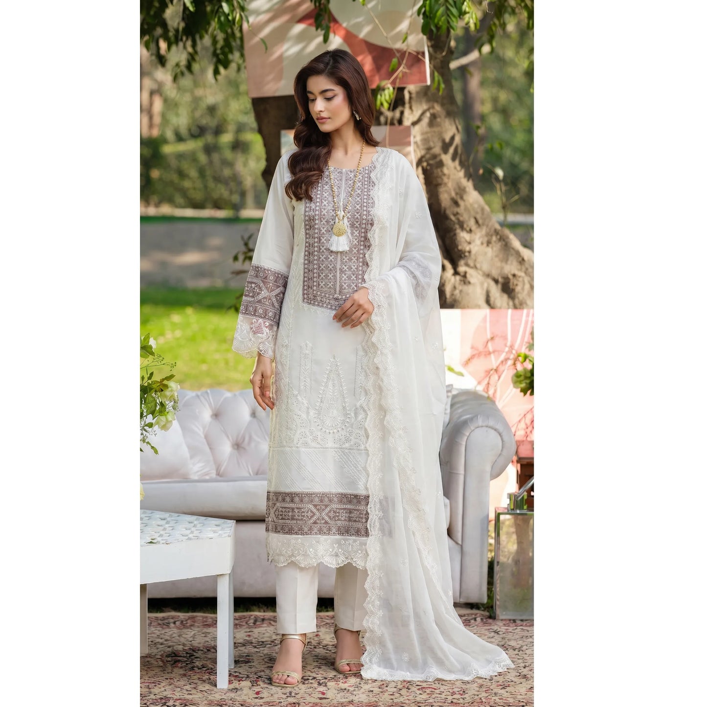 UB-02 3 Pc Embroidered Linen Dress With Embroidered Chiffon Dupatta  By UB