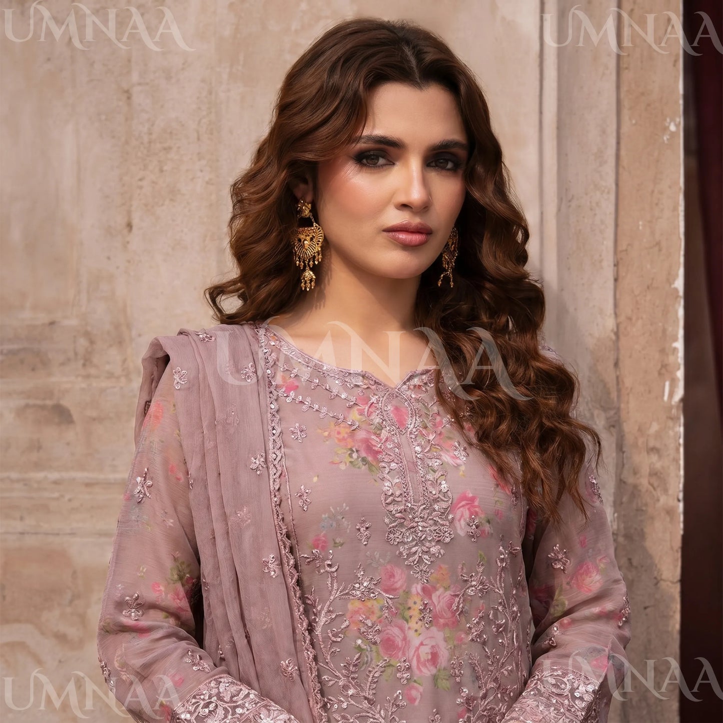 UA-205 Embroidered Chiffon 3-Piece with Printed Lining & Trouser