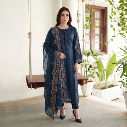 Embroidered Linen Long Frock Dress with Heavy Embroidered Chiffon Dupatta (UMNAA)