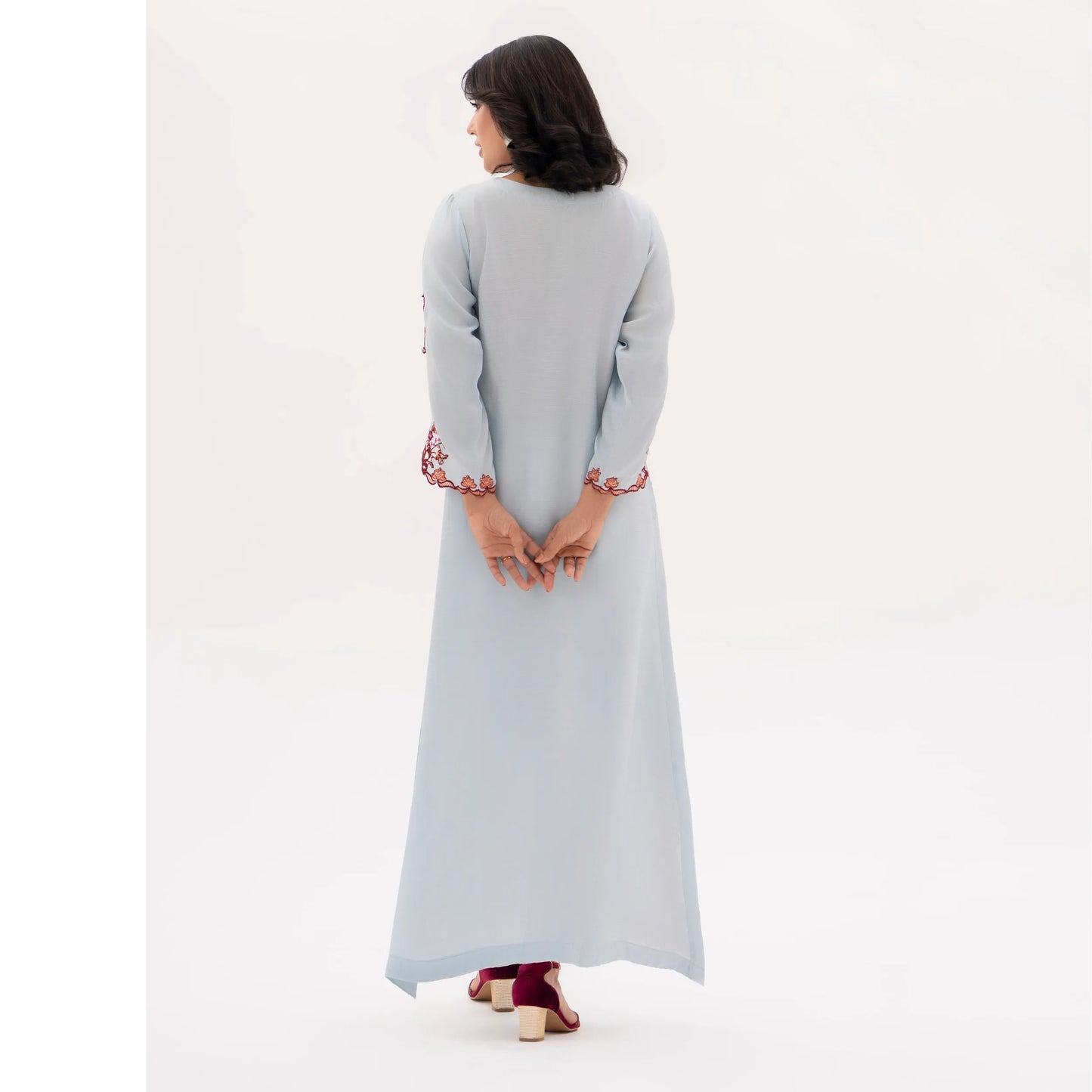 RA-32 MIDNIGHT BLOSSOM Embroidered Raw Silk Long Kaftan Style 2 Piece | Elegant Women's Festive & Formal Wear