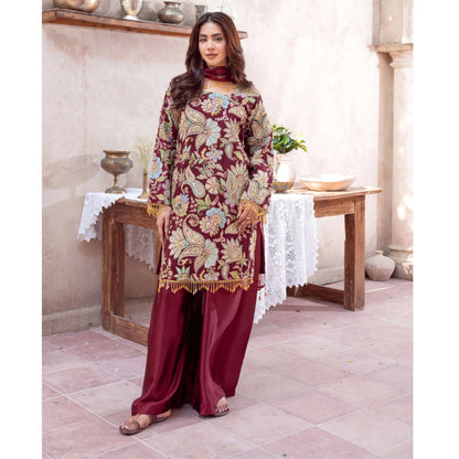 UA-225 Trendy Indian Armani Silk 3 Piece Suit by Umnaa | Embroidered Kameez with Shamoos Silk Shararah & Apple Silk Dupatta | Festive & Party Wear
