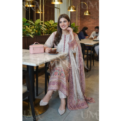 UA-229 Printed Lawn Long Kaftan Style 3  Piece Casual Summer Collection by Umnaa