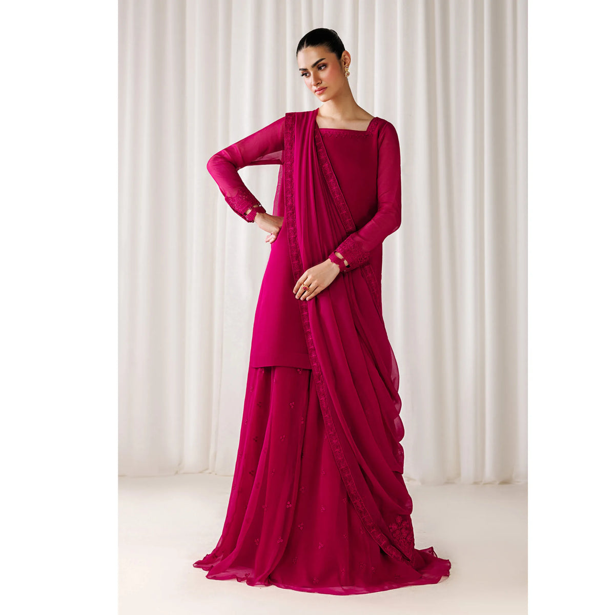 UA-230 Chiffon Sharara Full Sleeves Lined 3 Piece Suit | Chiffon Shirt with Embroidered Sharara & Dupatta | Formal Party Wear
