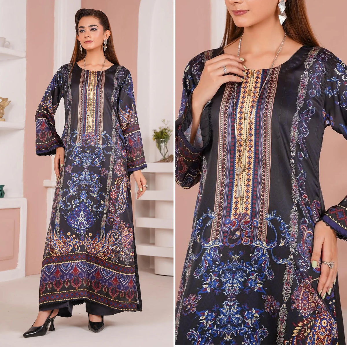UA-312 Printed Shamooz Silk Printed Kaftan Style Co-Ord Set| Umnaa - Black & Multi