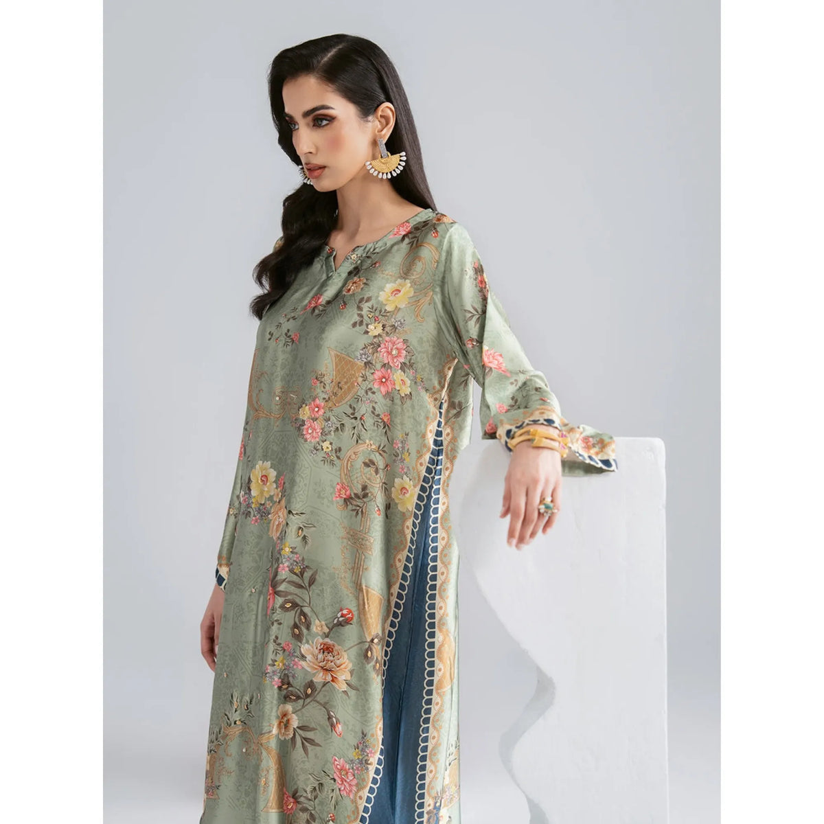 UAL-08 Printed Silk Kaftan with Trouser 2 Pc Set | Ally's