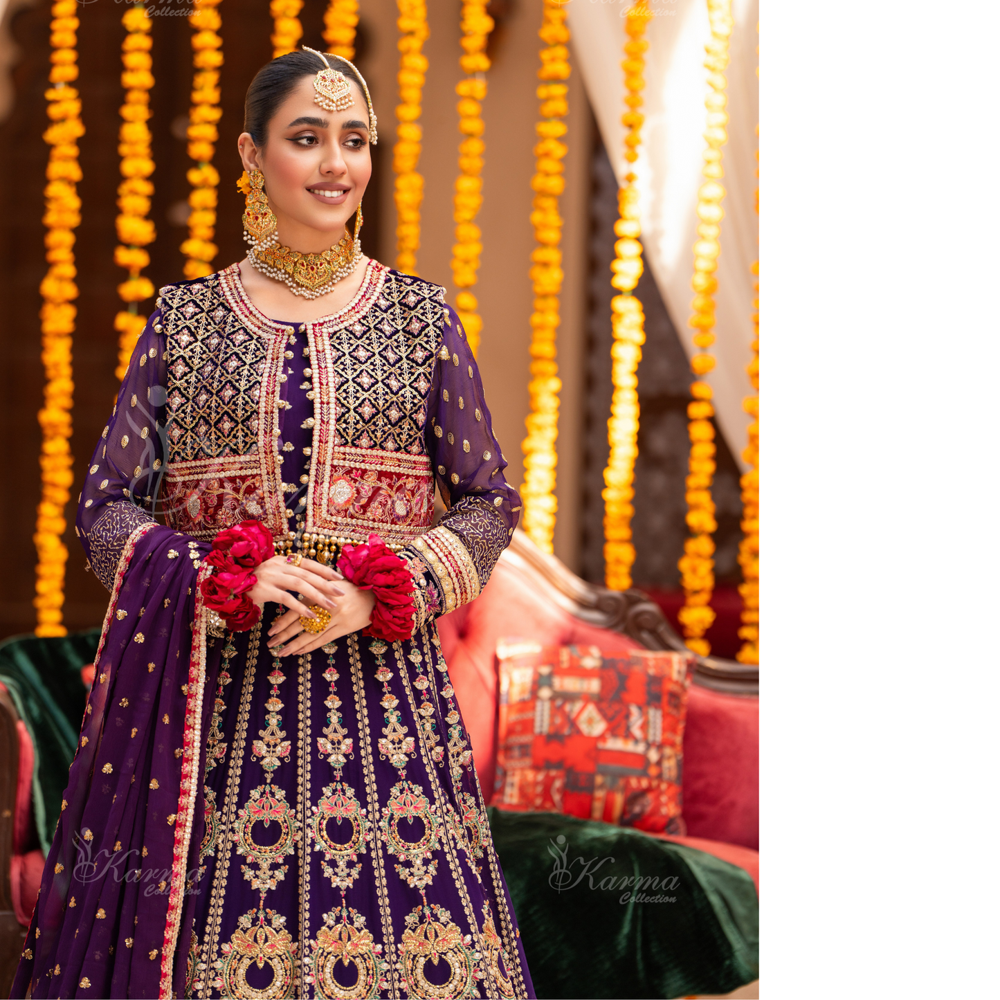 Luxury Embroidered  chiffon long Maxi with velvet jacket | Wedding Collection | karma Collection | UMKC01401