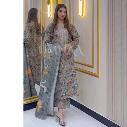 UA-36 Printed Embroidered Khaddar 3 Pc Dress | Ready to wear | UMNAA