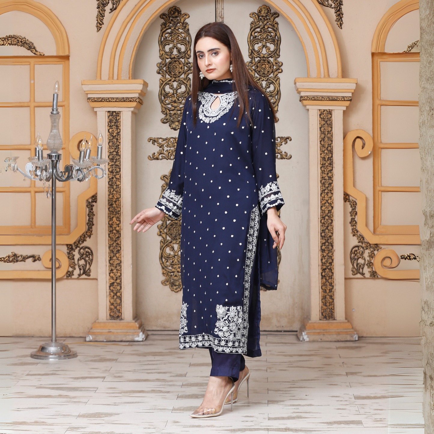 UA-54 3Pc Luxury Embroidered Chiffon Dress with Chiffon Dupatta 3 Pc |Ready to Wear| Umnaa