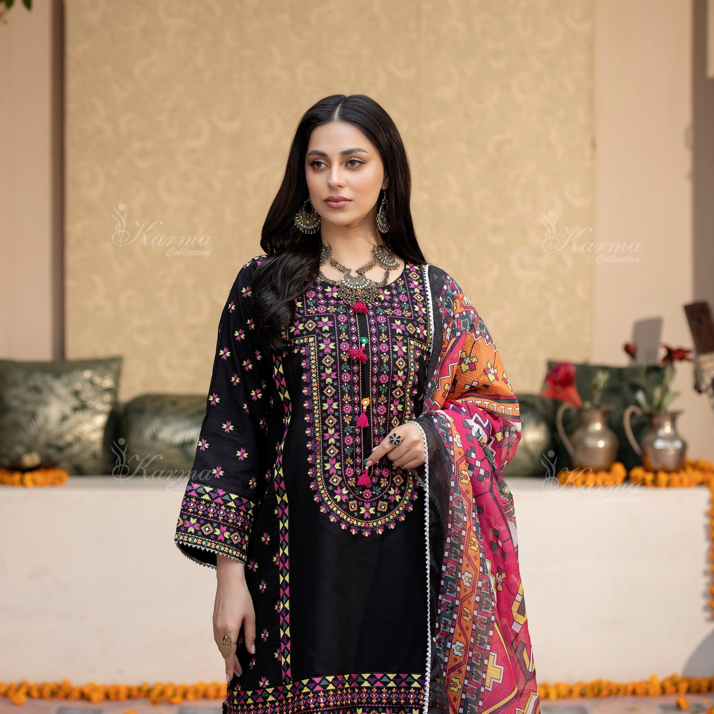 KC-1433 Embroidered Cambric Cotton Farshi Shalwar Kameez Ready to Wear 3 Pc - Karma Collection