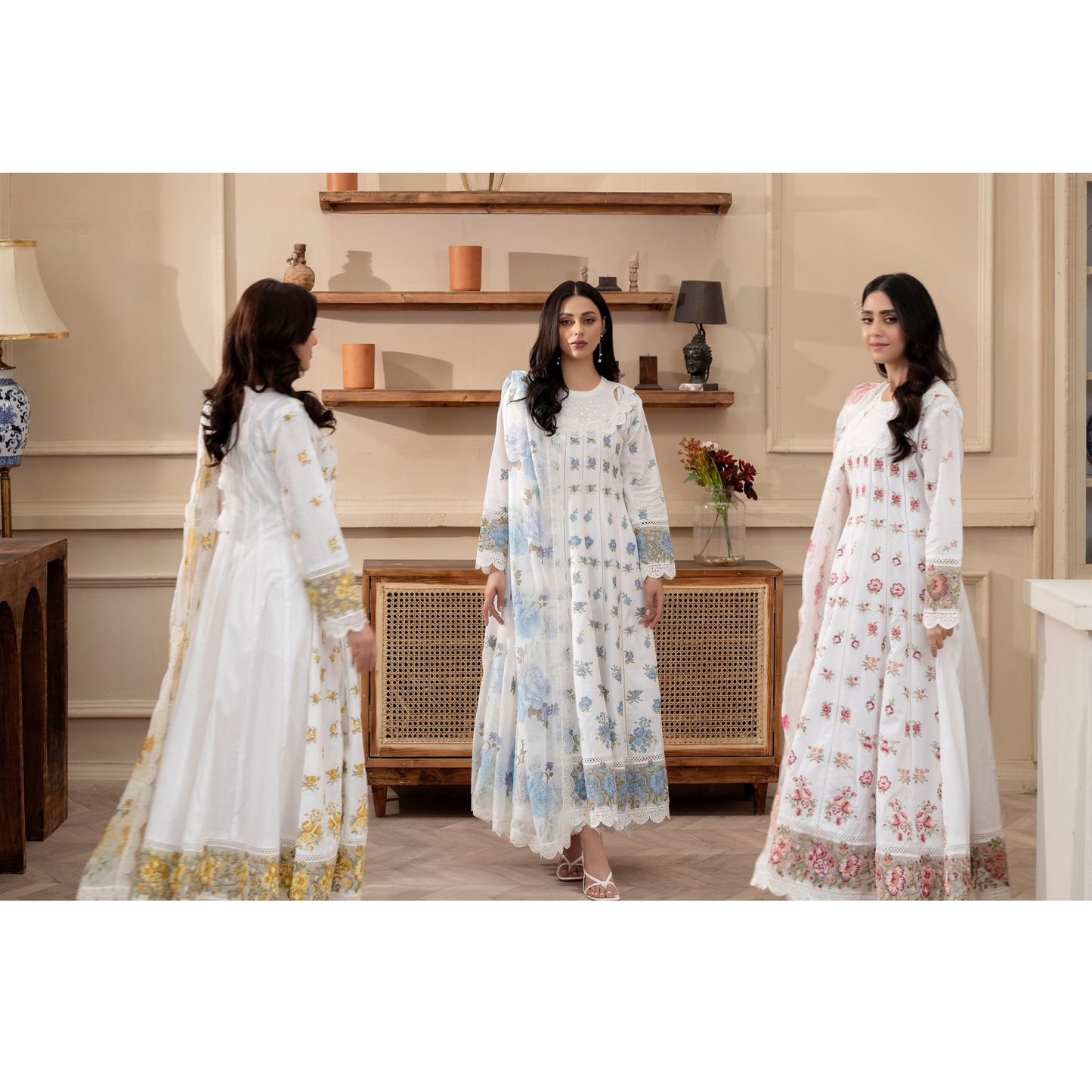 KC-1436 Embroidered Cambric Cotton long Frock Dress Ready to Wear 3 Pc - Karma Collection