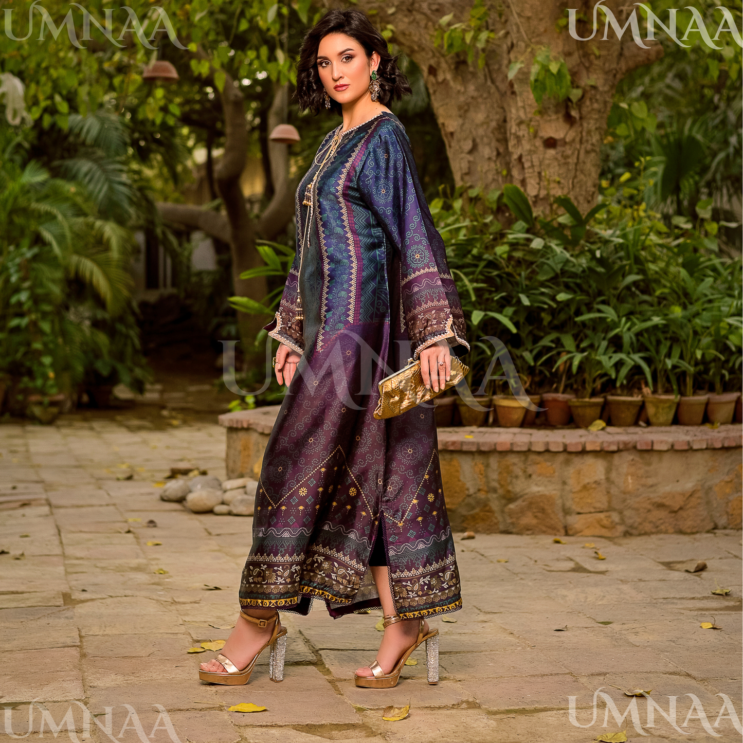 UA-160 Printed Silk kaftan Style long Maxi 1 PC  | Ready to wear | Umnaa