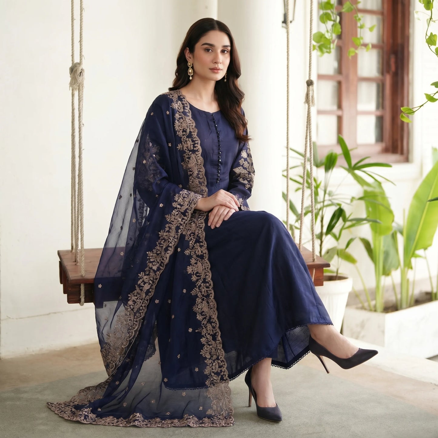 Embroidered Linen Long Frock Dress with Heavy Embroidered Chiffon Dupatta (UMNAA)