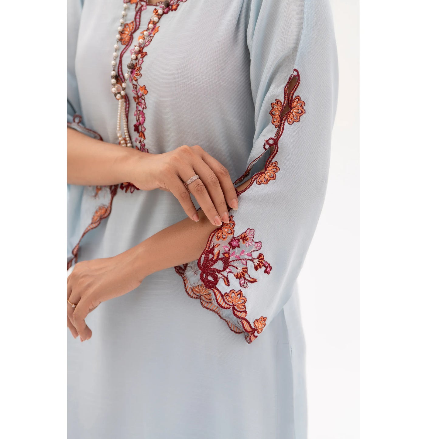 RA-32 MIDNIGHT BLOSSOM Embroidered Raw Silk Long Kaftan Style 2 Piece | Elegant Women's Festive & Formal Wear