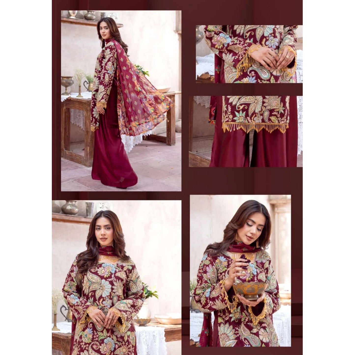 UA-225 Trendy Indian Armani Silk 3 Piece Suit by Umnaa | Embroidered Kameez with Shamoos Silk Shararah & Apple Silk Dupatta | Festive & Party Wear