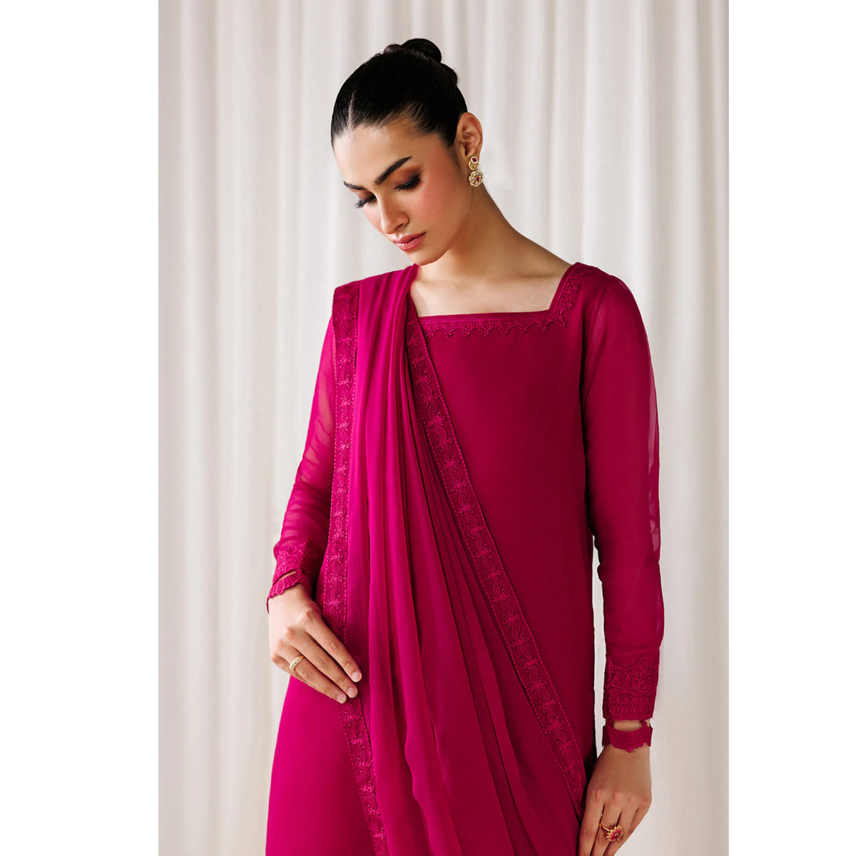 UA-230 Chiffon Sharara Full Sleeves Lined 3 Piece Suit | Chiffon Shirt with Embroidered Sharara & Dupatta | Formal Party Wear
