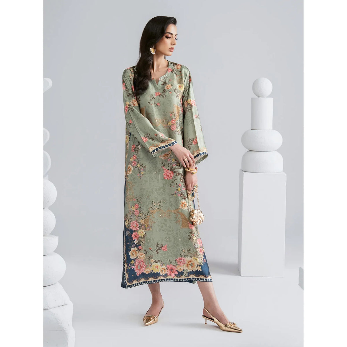 UAL-08 Printed Silk Kaftan with Trouser 2 Pc Set | Ally's