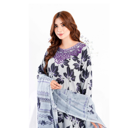 (Pale Grey) 3 Pc Printed Floral Embroidered Linen Dress Winter Wear | Raniya.h