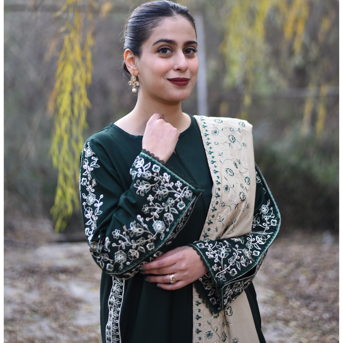 UA-29 3 Pc Embroidered Dhanak Dress with Embroidered Dhanak Shawl Pakistani Dress | UMNAA