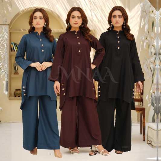 UA-129 Stylish Modest Dhanak Solid Co Ord Set by Umnaa
