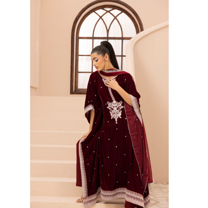 UMS-39 Zayna by Simrans Velvet Kaftan Embroidered 3 Pc Collection Asian Clothes  | Modest Wear