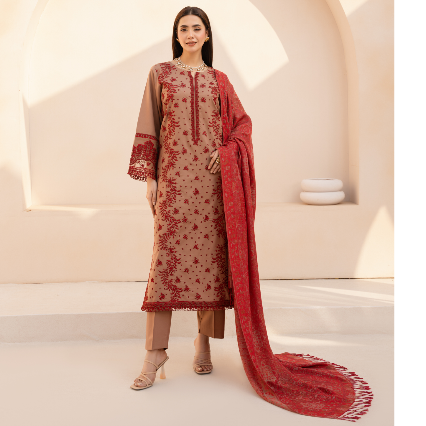 UA-140 Embroidered Dhanak Dress with Pashmina Shawl | Ready to Wear | Asian Clothes