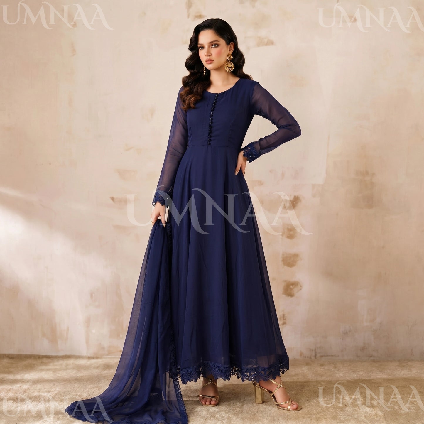 UA-204 Luxury Embroidered Chiffon Frock Collection 3 Pc | Ready to Wear | Umnaa